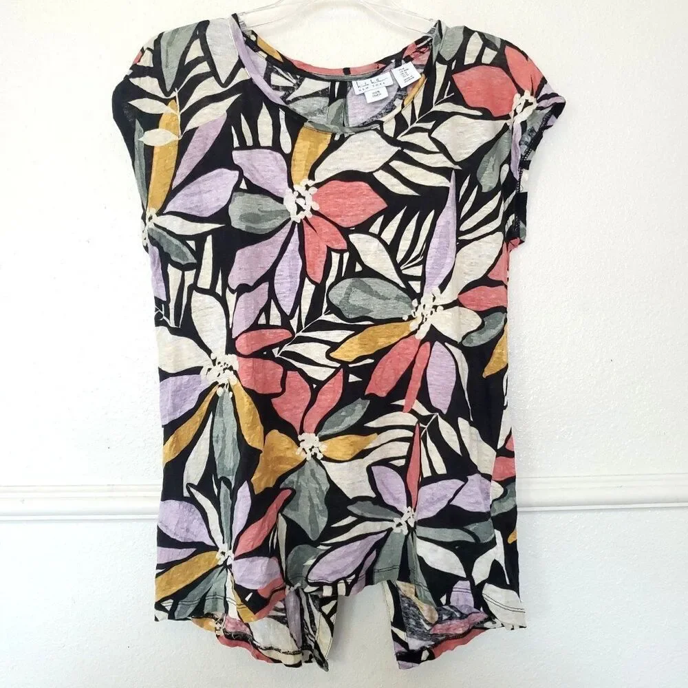 Nicole Miller Women’s Multicolor Floral Round Neck Short Sleeve Linen Blouse M - Picture 1 of 16